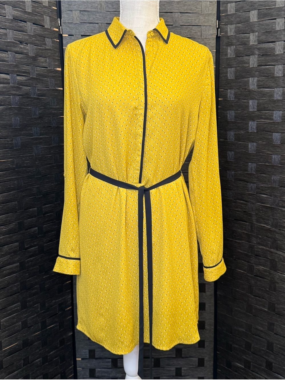 Loft by Ann Taylor Vibrant Mustard and Black Long-Sleeve Belted Polka Dot Dress